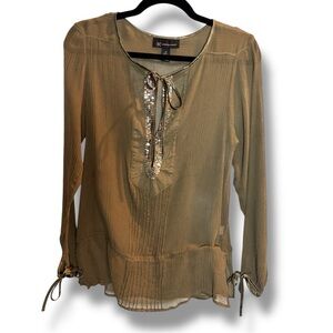 INC International Concepts Size 10 Olive Green Sequin Cutout Sheer Silk Blouse
